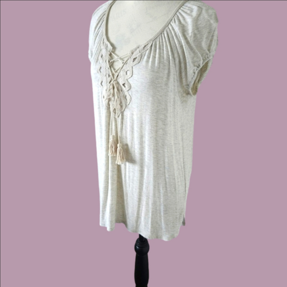 💕 Max studio boho beige top tassels embroided stretch size small 💕 - Picture 3 of 7